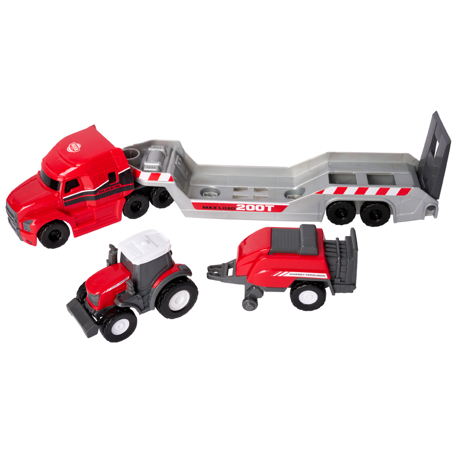 Big Farm Fun in a Micro Package – Perfect for Little Farmers Introduce your child to the world of farming with the Massey Ferguson Micro Farm Truck Set, a compact and action-packed playset designed for imaginative young minds. This set includes a detailed MACK truck with a working ramp, a Massey Ferguson tractor, and a baler, making it easy to recreate real farm scenes on a small scale. With movable features on the ramp and baler, kids can enjoy interactive play as they load, transport, and "harvest" around their pretend farm. Built for durability and sized just right for small hands, it’s the perfect starter set for future farming enthusiasts.