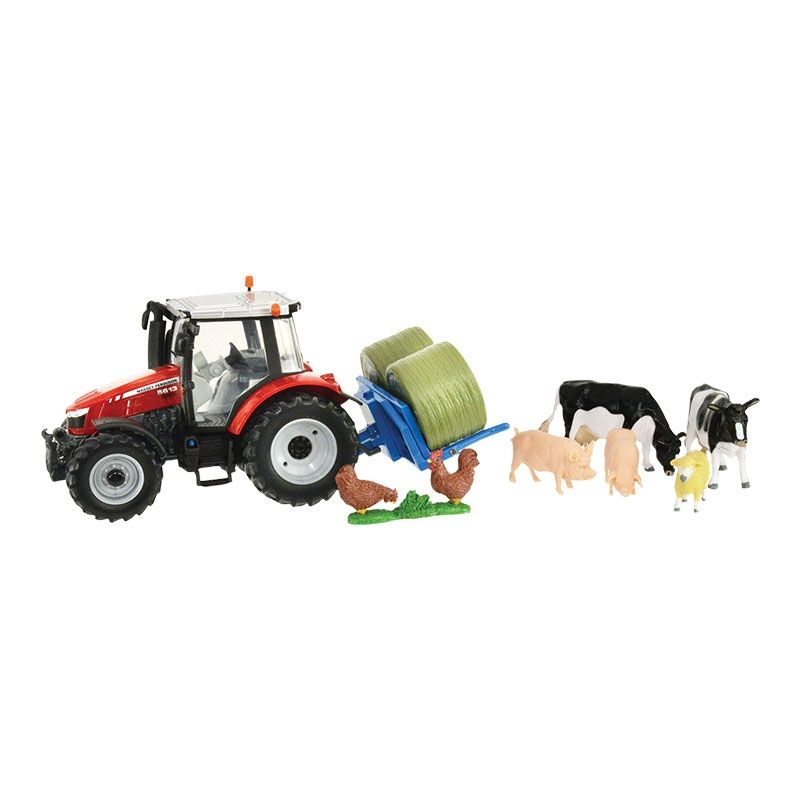 Start Your Farm Adventure – Complete Playset for Young Farmers Bring your miniature farm to life with the Massey Ferguson MF 5612 Playset. This 1:32 scale tractor and animal set is ideal for children just starting their farm collection or for adding depth to an existing one. The die-cast MF 5612 comes with a working steering wheel, wide tread tyres, and a rear hitch that’s compatible with a variety of farm trailers and implements. With a full set of classic farm animals—including cows, pigs, sheep, and chickens—this playset offers hours of hands-on fun and storytelling potential.